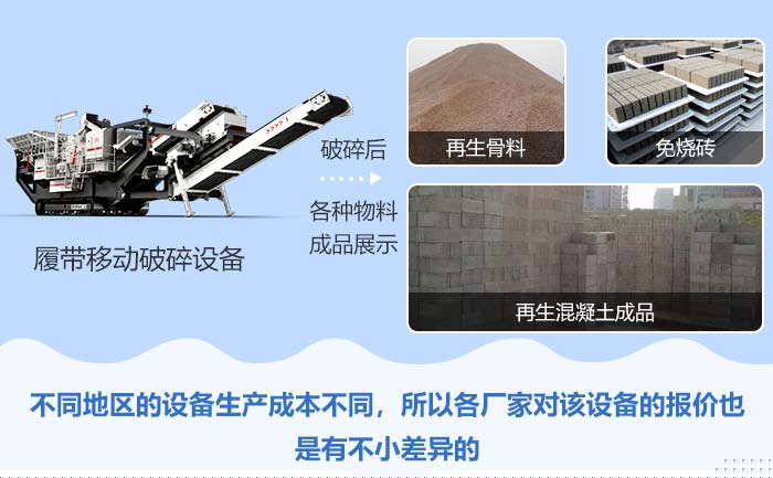 履帶式移動(dòng)破碎設(shè)備處理后的再生骨料、免燒磚、再生混凝土